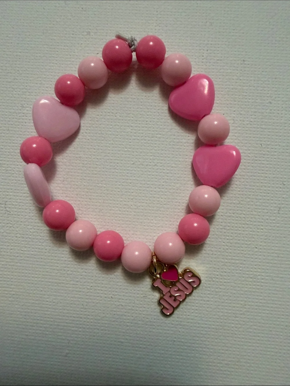 Kids Pink Heart Beaded Bracelet with Gold 'I ♥ JESUS' Charm